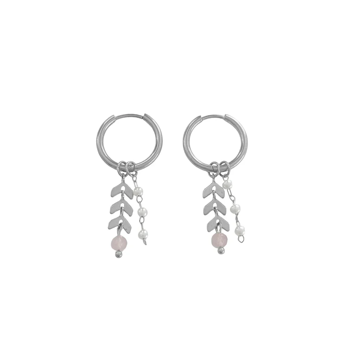 Zilverkleurige RVS oorbellen met lila jade en parels