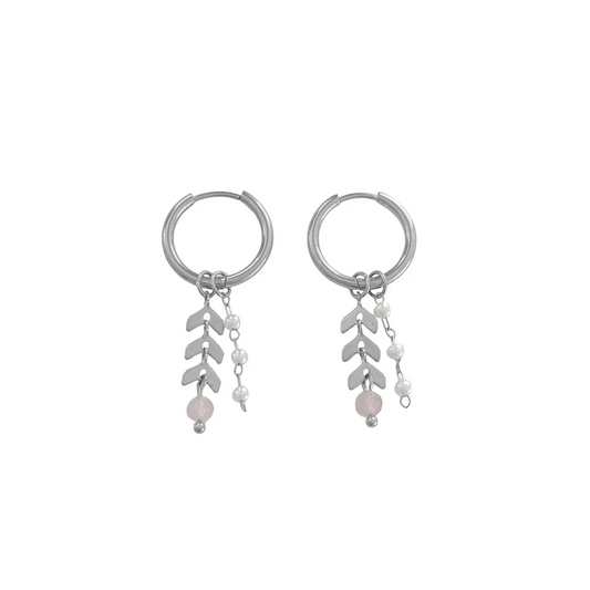 Zilverkleurige RVS oorbellen met lila jade en parels