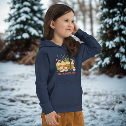 Child wearing navy Kids Christmas Hoodie with festive holiday design outdoors in snowy winter setting