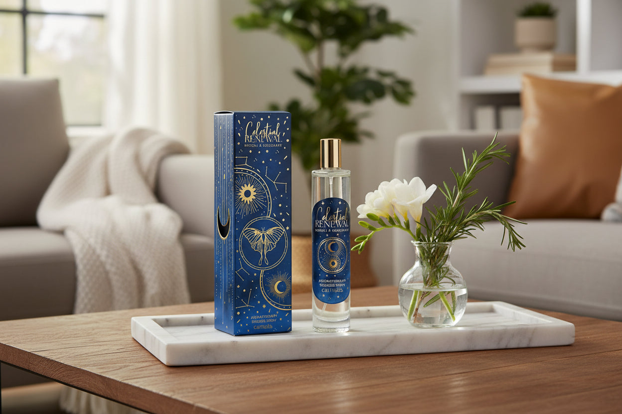 Luxe spirituele roomspray en doosje op een marmeren tray in een modern interieur naast een vaasje met witte bloemen en rozemarijn - Glow Mystic in Style aromatherapy.