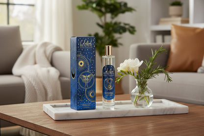 Luxe spirituele roomspray en doosje op een marmeren tray in een modern interieur naast een vaasje met witte bloemen en rozemarijn - Glow Mystic in Style aromatherapy.