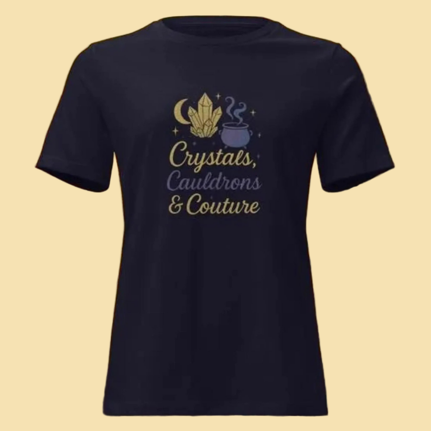 Black Crystals Cauldrons and Couture T Shirt with mystical crystal, cauldron, and moon design