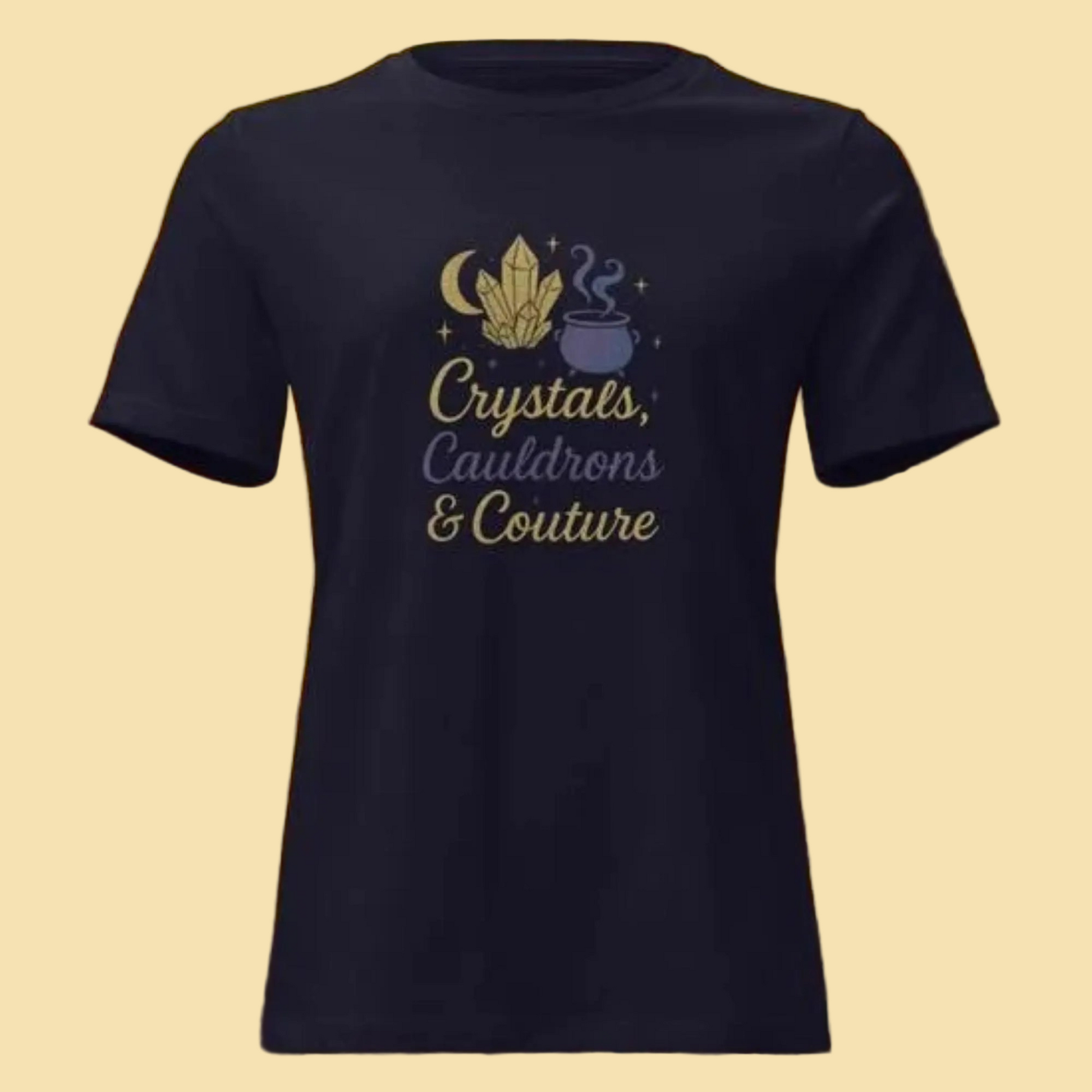 Black Crystals Cauldrons and Couture T Shirt with mystical crystal, cauldron, and moon design