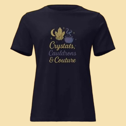 Black Crystals Cauldrons and Couture T Shirt with mystical crystal, cauldron, and moon design
