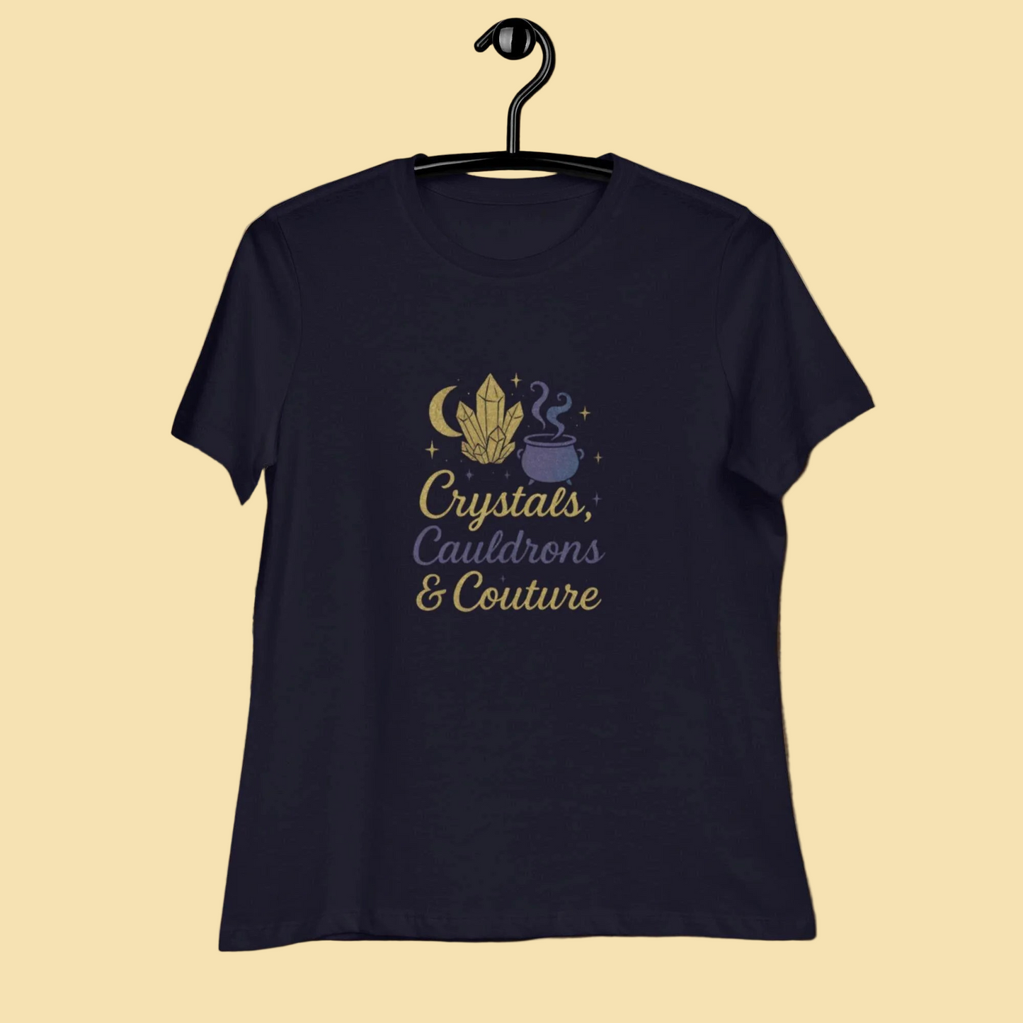 Black Crystals Cauldrons and Couture T Shirt with crystal and cauldron design on marble background