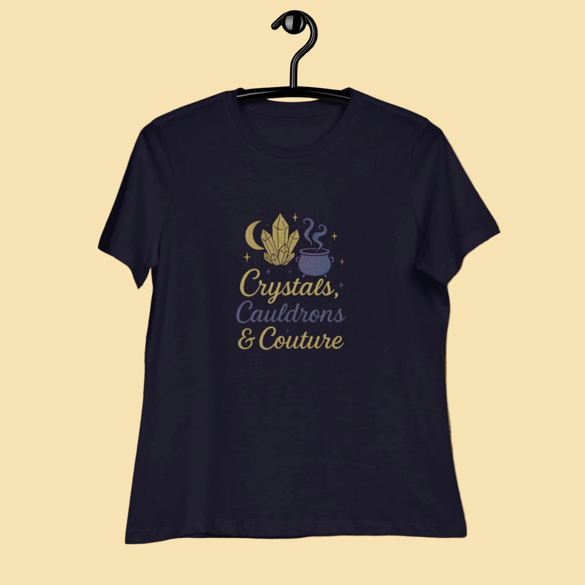 Black Crystals Cauldrons and Couture T Shirt with crystal and cauldron design on marble background