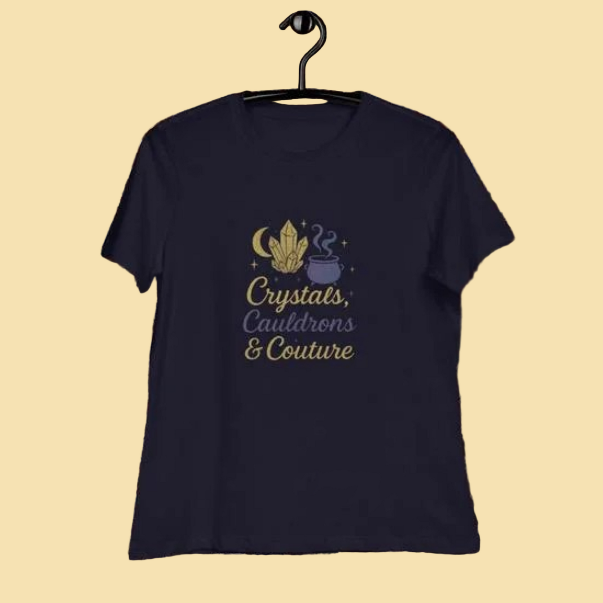 Black Crystals Cauldrons and Couture T Shirt with mystical crystals and cauldron design on crystal background