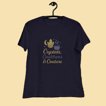 Black Crystals Cauldrons and Couture T Shirt with mystical crystals and cauldron design on crystal background