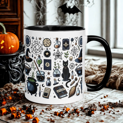 Cats and Cauldrons Halloween Coffee Mug with black handle and spooky witchcraft design