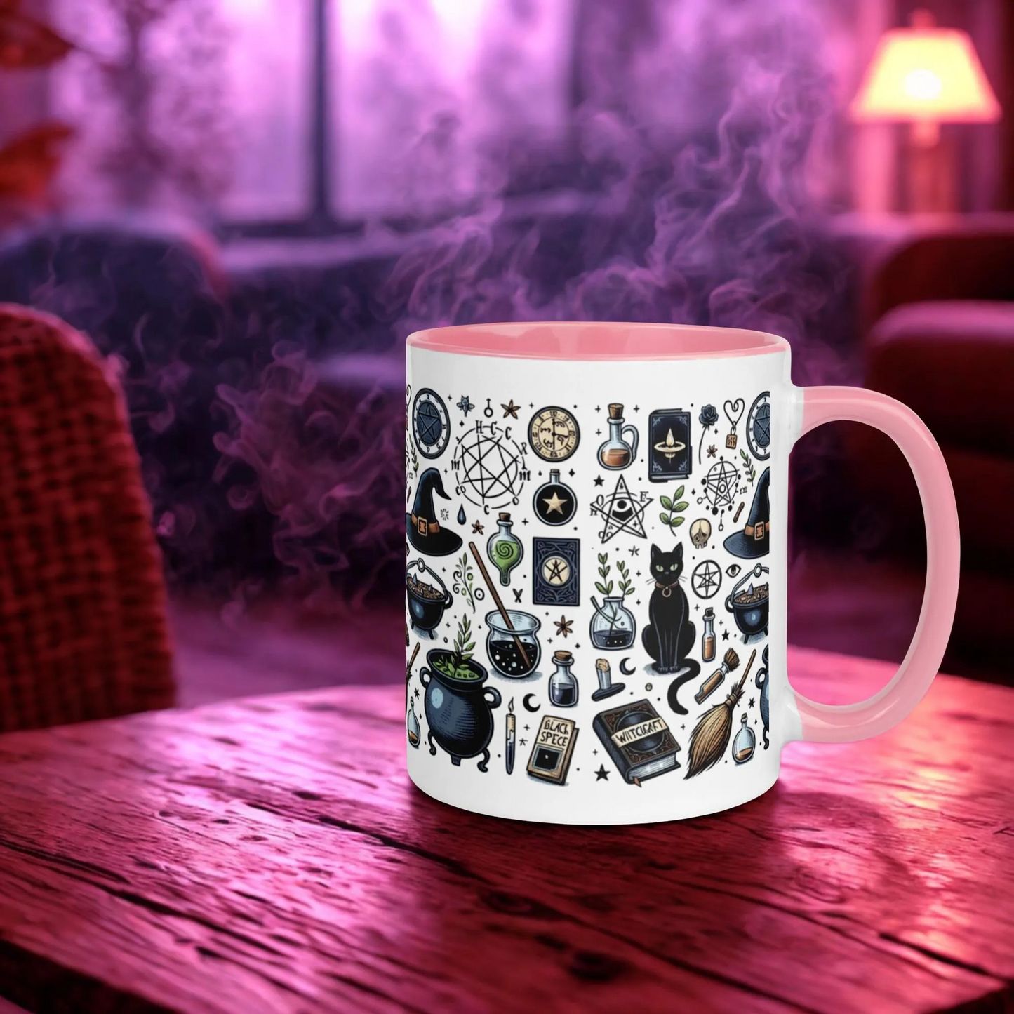 Cats and Cauldrons Halloween Coffee Mug with spooky cat and cauldron design, ceramic, pink handle and rim, microwave and dishwasher safe