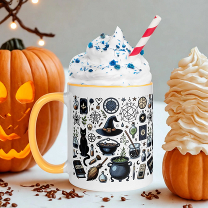 Cats and Cauldrons Halloween Coffee Mug with black cat, cauldron, and witch-themed illustrations on ceramic mug with yellow handle and rim