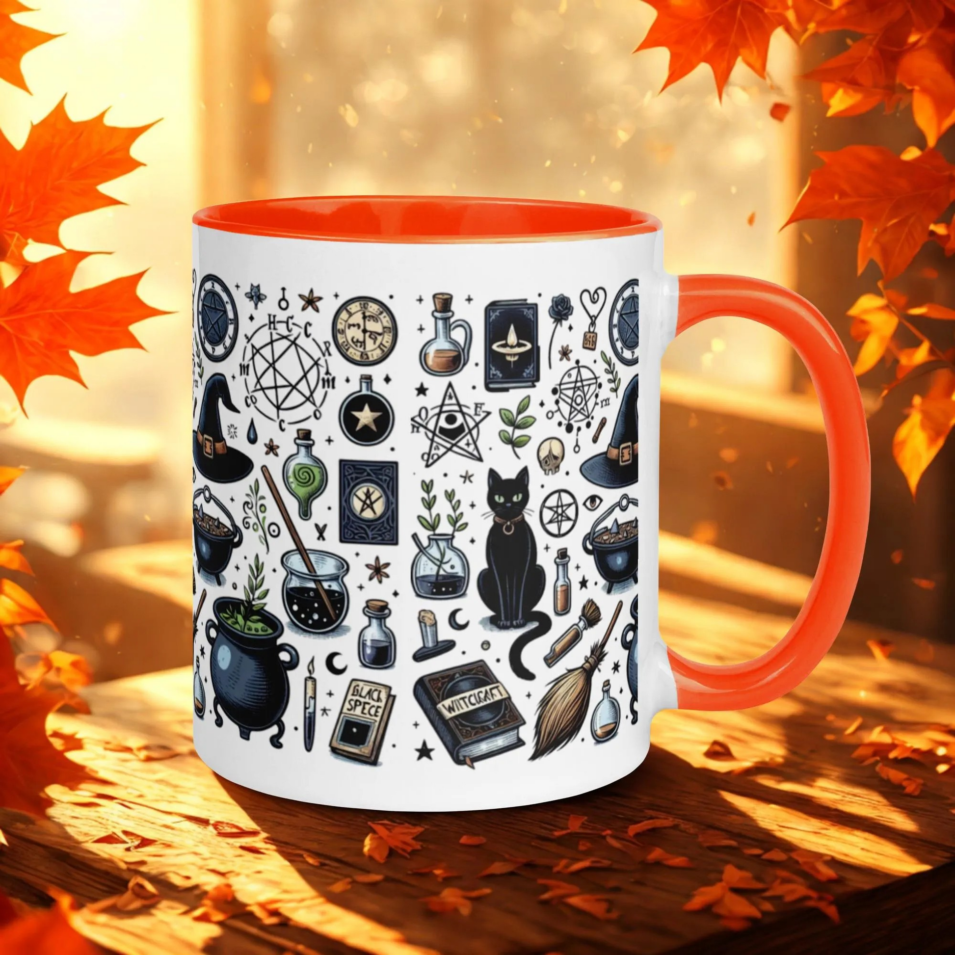 Cats and Cauldrons Halloween Coffee Mug with black cat and cauldron design, orange handle and rim, ceramic, microwave-safe
