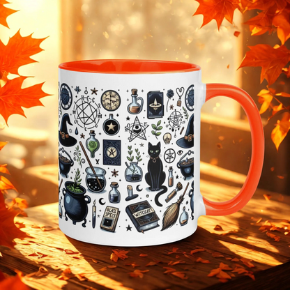 Cats and Cauldrons Halloween Coffee Mug with black cat and cauldron design, orange handle and rim, ceramic, microwave-safe