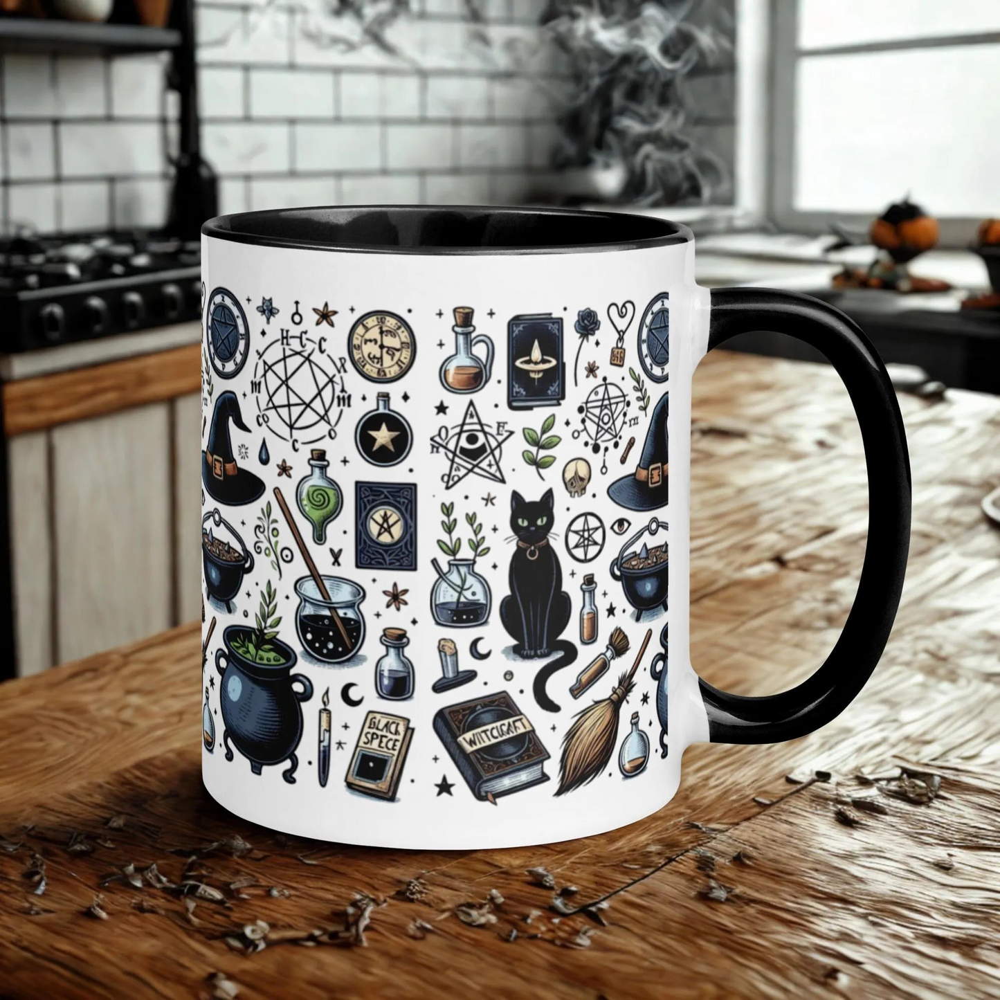 Ceramic Cats and Cauldrons Halloween Coffee Mug with black cat and cauldron design, microwave and dishwasher safe
