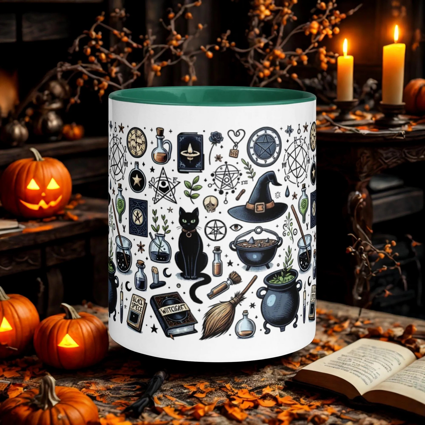 Cats and Cauldrons Halloween Coffee Mug with black cats, cauldrons, and witch-themed illustrations on white ceramic background with green rim and handle