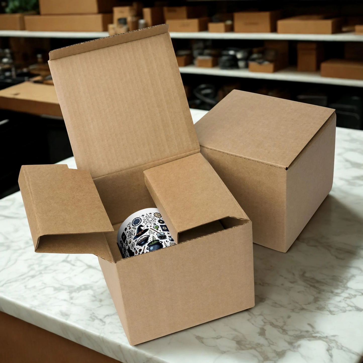 Cats and Cauldrons Halloween Coffee Mug in cardboard packaging on marble surface
