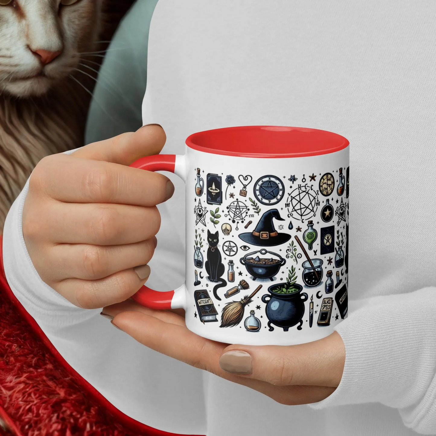 Cats and Cauldrons Halloween Coffee Mug with red rim and handle featuring spooky cat and cauldron designs
