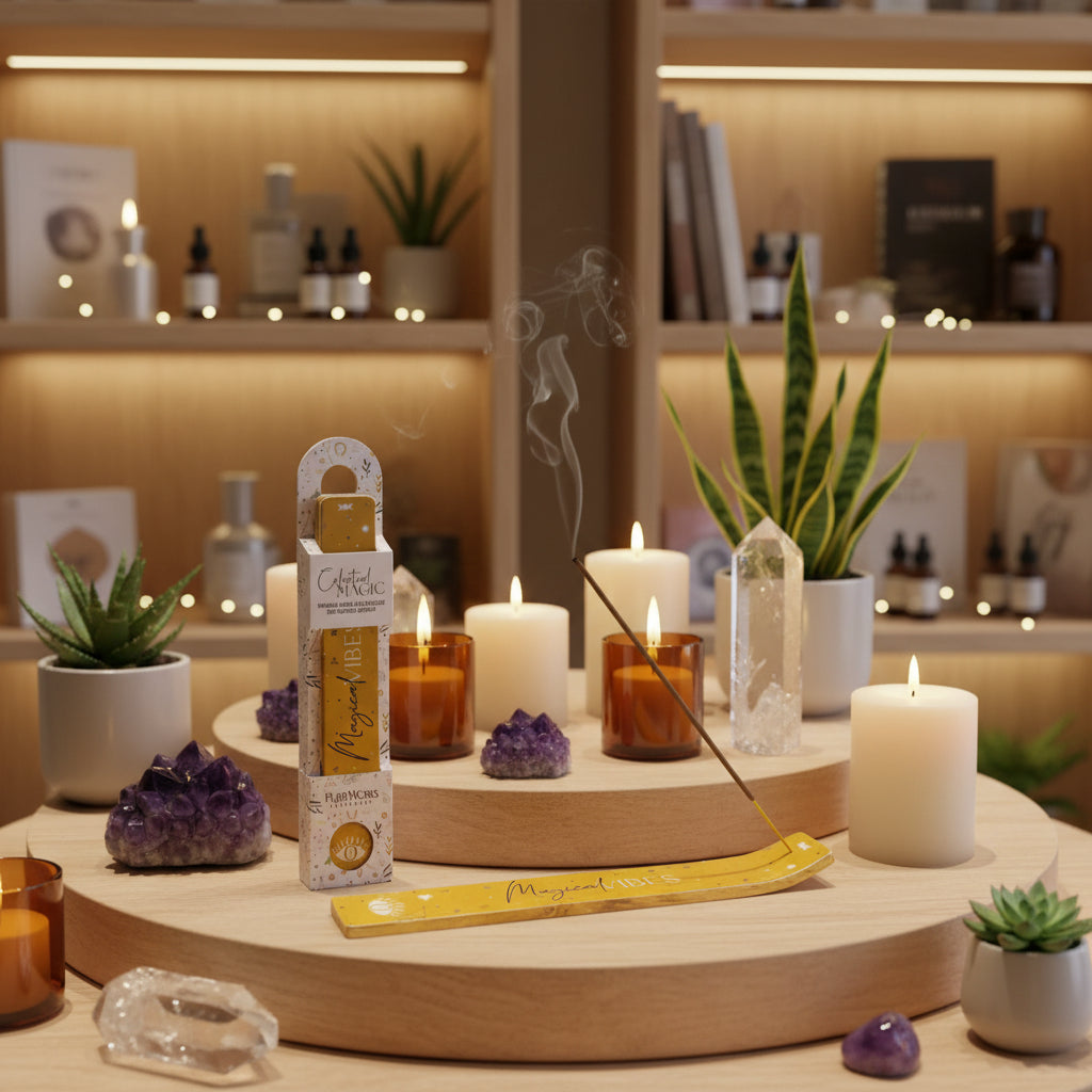Celestial Magic Magical Vibes wierookset met houten houder en gratis extra houder, lavendel en rozemarijn geur, sfeervolle spirituele decoratie met brandende kaarsen en kristallen