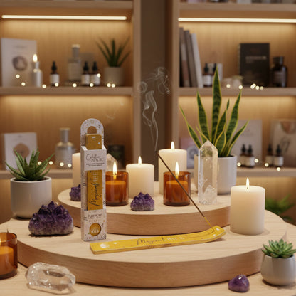 Celestial Magic Magical Vibes wierookset met houten houder en gratis extra houder, lavendel en rozemarijn geur, sfeervolle spirituele decoratie met brandende kaarsen en kristallen