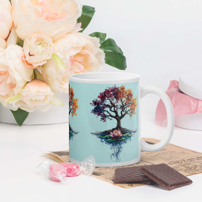 White glossy mug with colorful Tree of Life artwork on light blue background, placed on newspaper with chocolates and flowers nearby