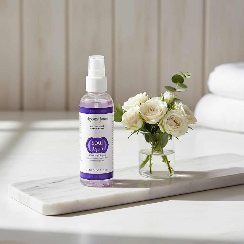 Aromafume 6e Chakra roomspray Ajna Third Eye Intuition 100ml flacon naast paarse verpakking met chakra symbolen op een marmeren schaal gepresenteerd met een vaasje witte rozen ernaast.