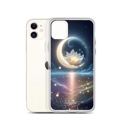 Phone case with a design of a lotus flower on a crescent moon against a starry night sky.