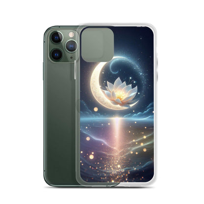 Phone case with celestial design featuring a moon and lotus flower on a white background