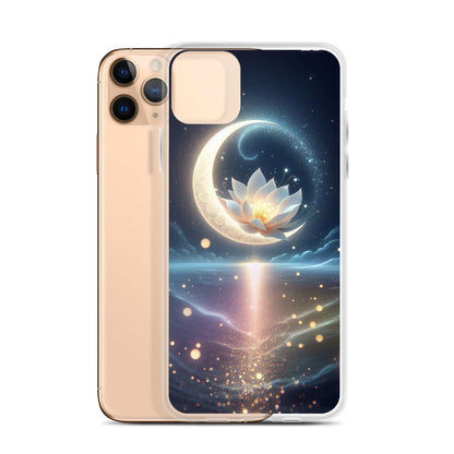 Phone case with a design of a moon and lotus flower on a white background