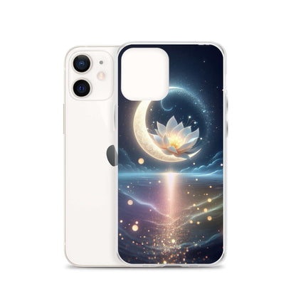 Phone case with a celestial design featuring a moon and lotus flower on a white background
