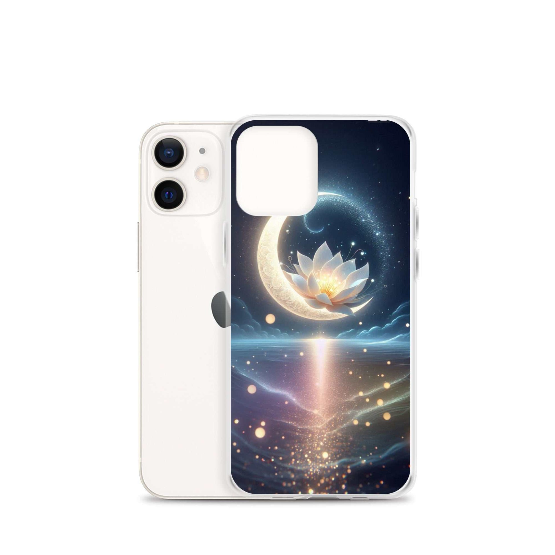 Phone case with a celestial design featuring a lotus flower and moon on a white background