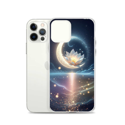 Phone case with a celestial design featuring a moon and lotus flower on a white background