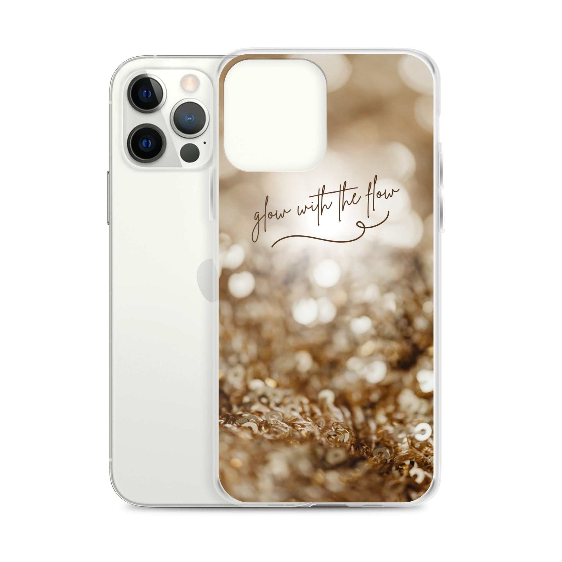 Clear Glow With The Flow iPhone case with shimmering gold design and protective slim fit for iPhone models