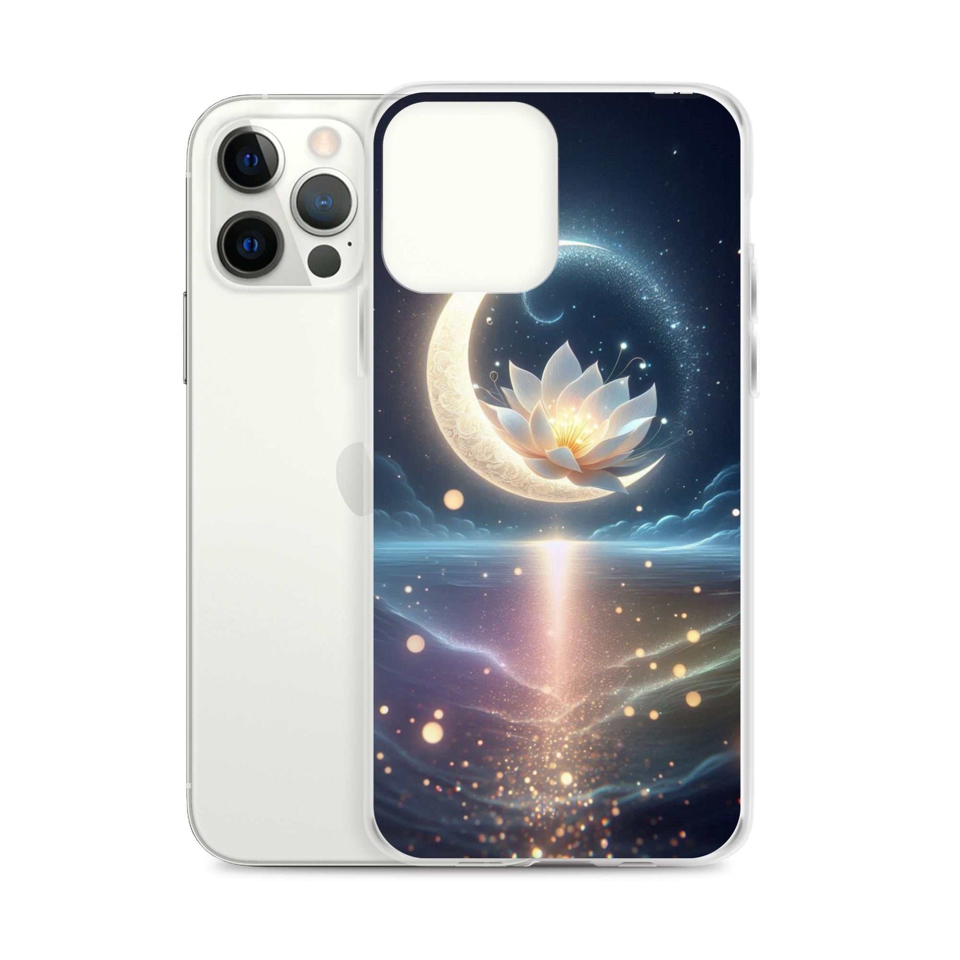 Phone case with celestial design featuring a moon and lotus flower on a white background