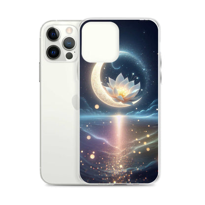 Phone case with celestial design featuring a moon and lotus flower on a white background