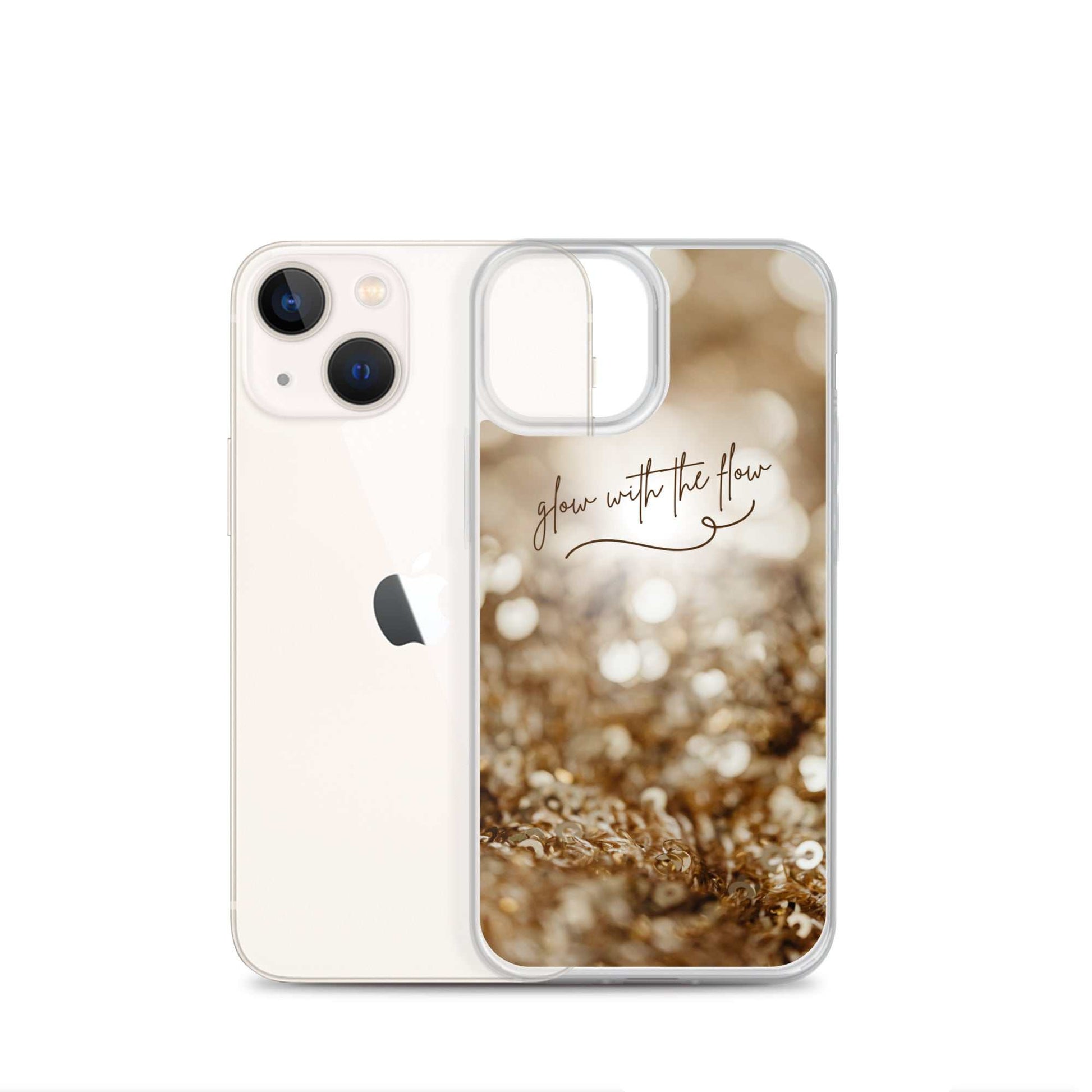Glow With The Flow iPhone Case with gold bokeh design and clear edges for iPhone protection