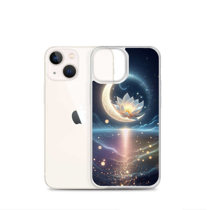 Phone case with a celestial design featuring a moon and lotus flower on a white background