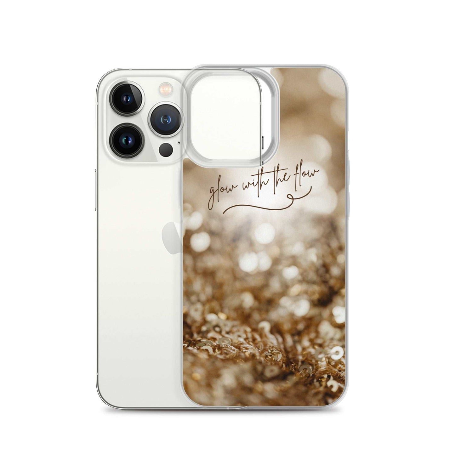 Glow With The Flow iPhone Case with shimmering gold bokeh design and clear flexible sides for protection and style