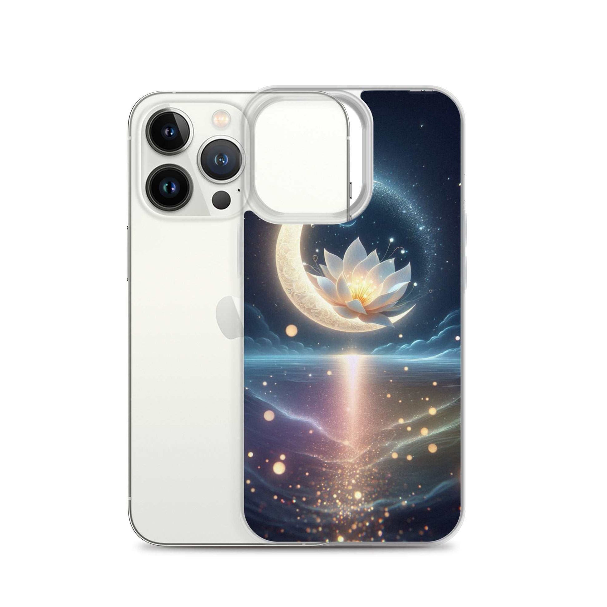 Phone case with a celestial design featuring a moon and lotus flower on a dark background