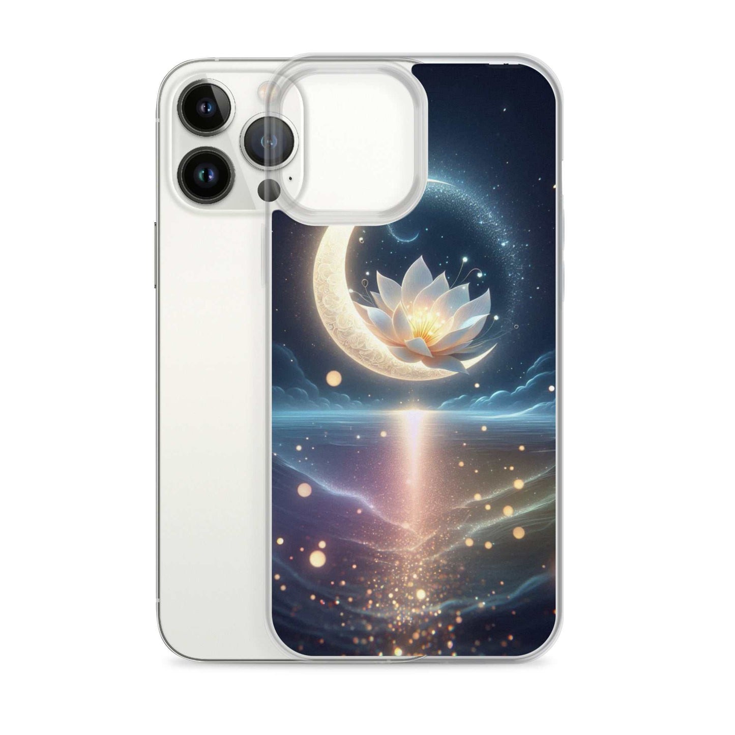 Phone case with a celestial design featuring a lotus flower and moon on a white background