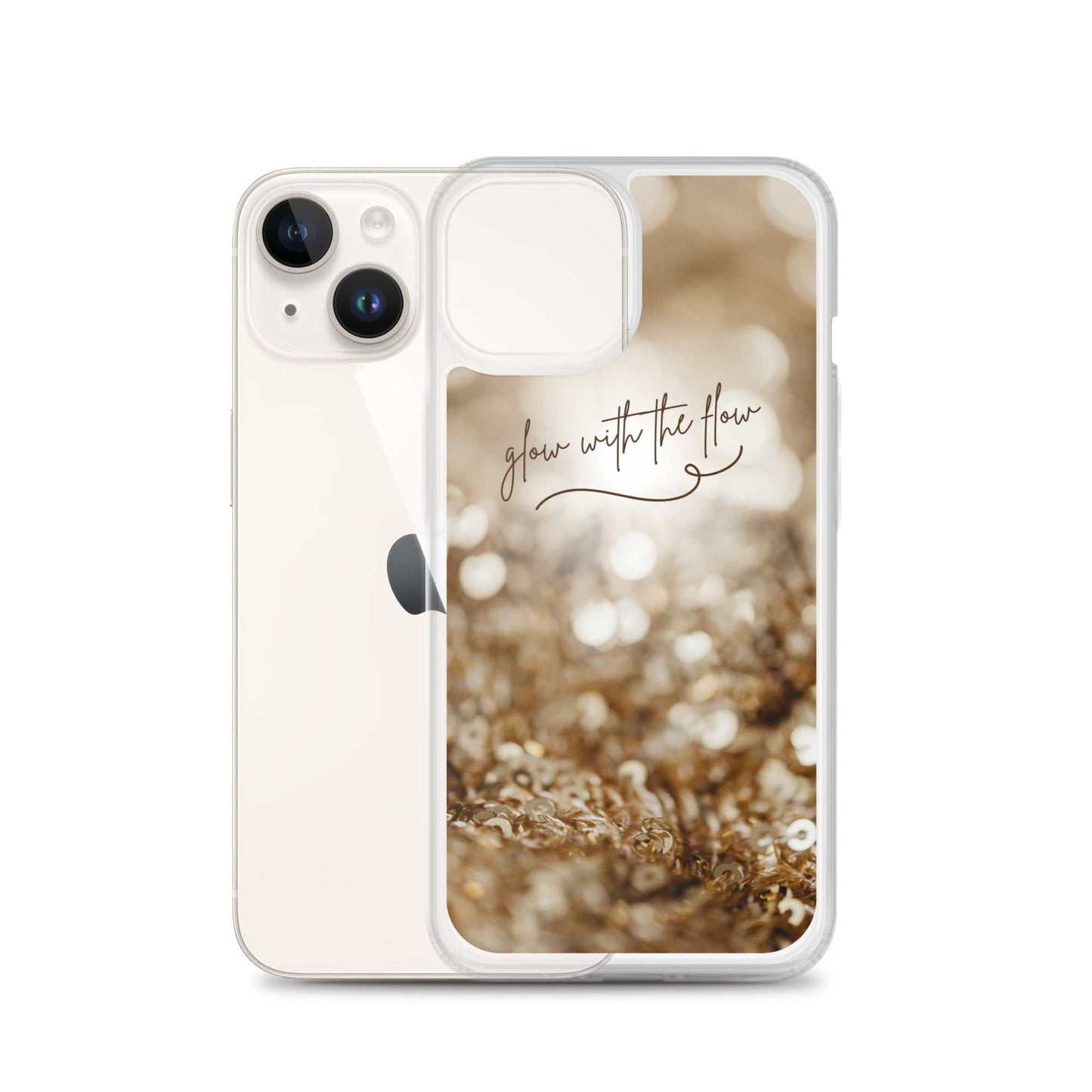 Glow With The Flow iPhone Case with glowing gold bokeh design and clear flexible sides for protection and style