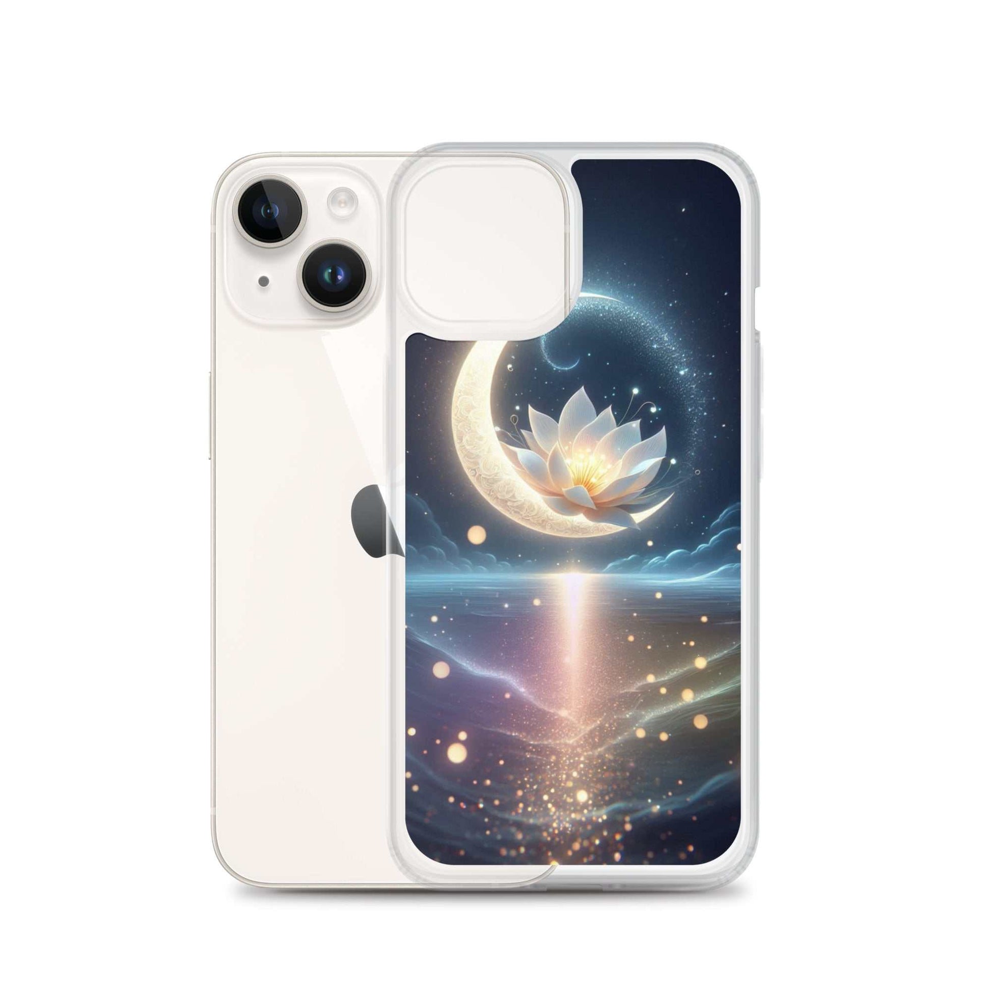 Phone case with celestial design featuring a moon and lotus flower on a white background