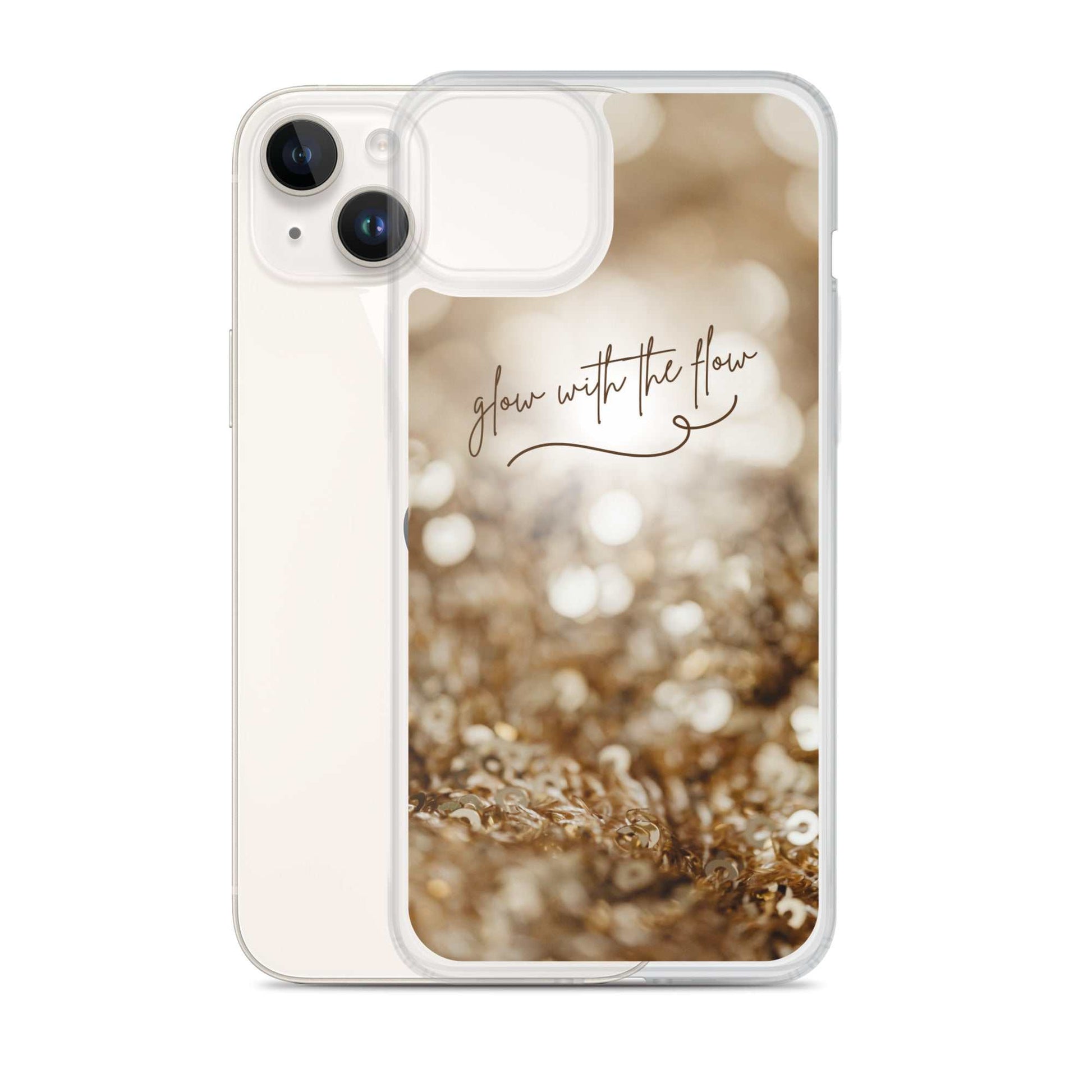 Clear Glow With The Flow iPhone case with glitter design and script text, durable and lightweight protective cover for iPhone.