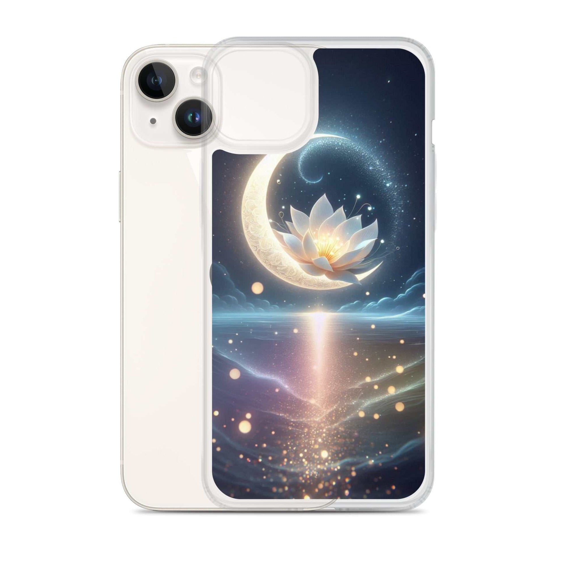 Phone case with a design of a lotus flower and crescent moon against a starry night sky.