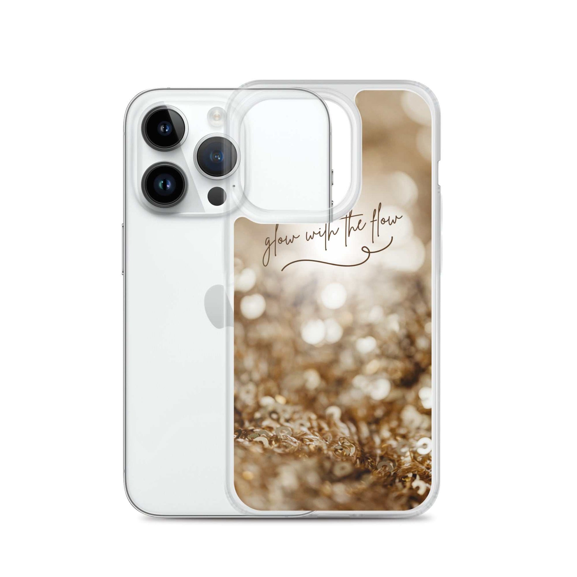 Clear iPhone case with sparkling gold bokeh design and "glow with the flow" text for stylish protection
