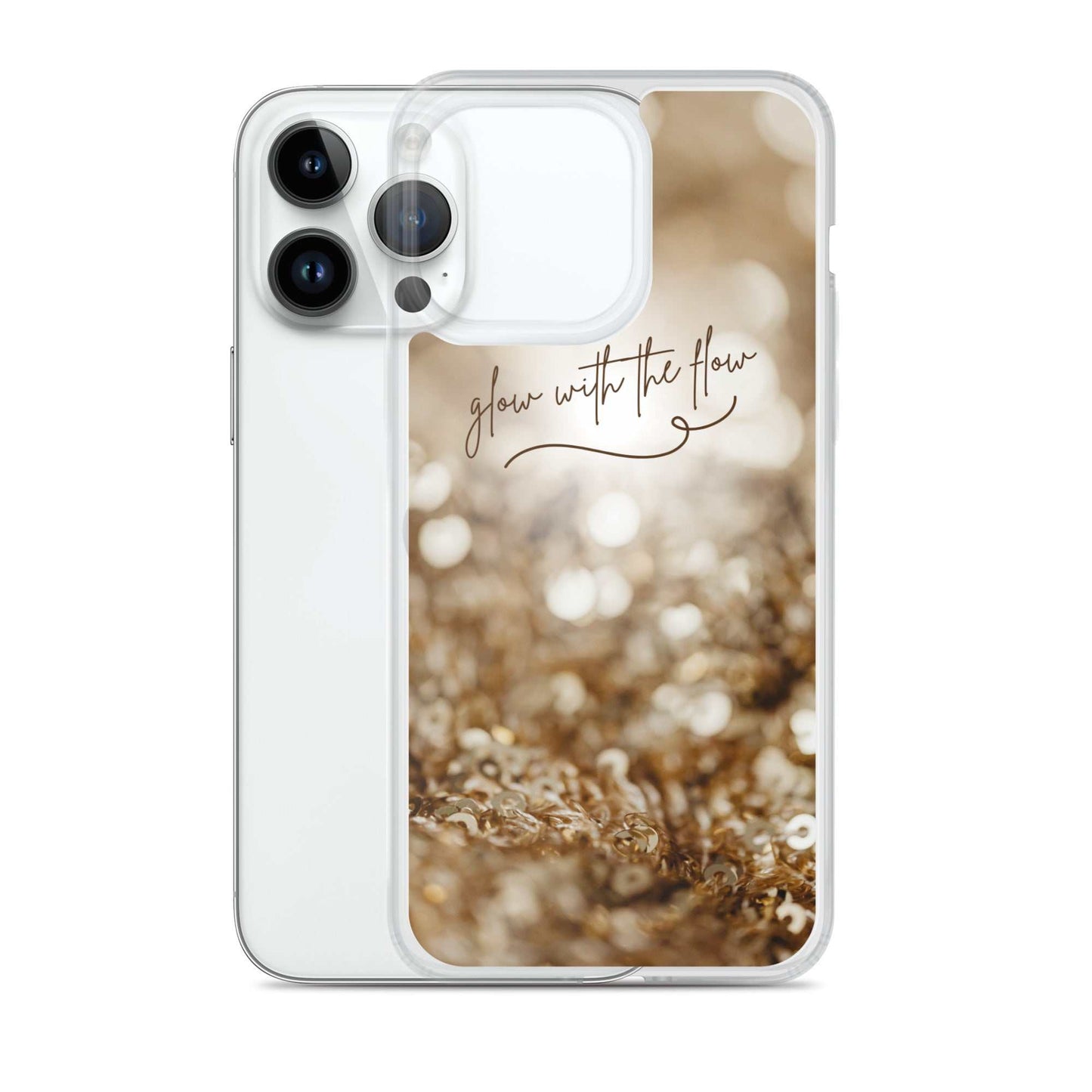 Glow With The Flow iPhone case with glowing gold bokeh design and clear flexible sides, durable and lightweight protection for iPhone.