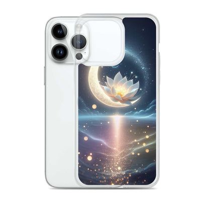 Phone case with a celestial design featuring a moon and lotus flower on a white background