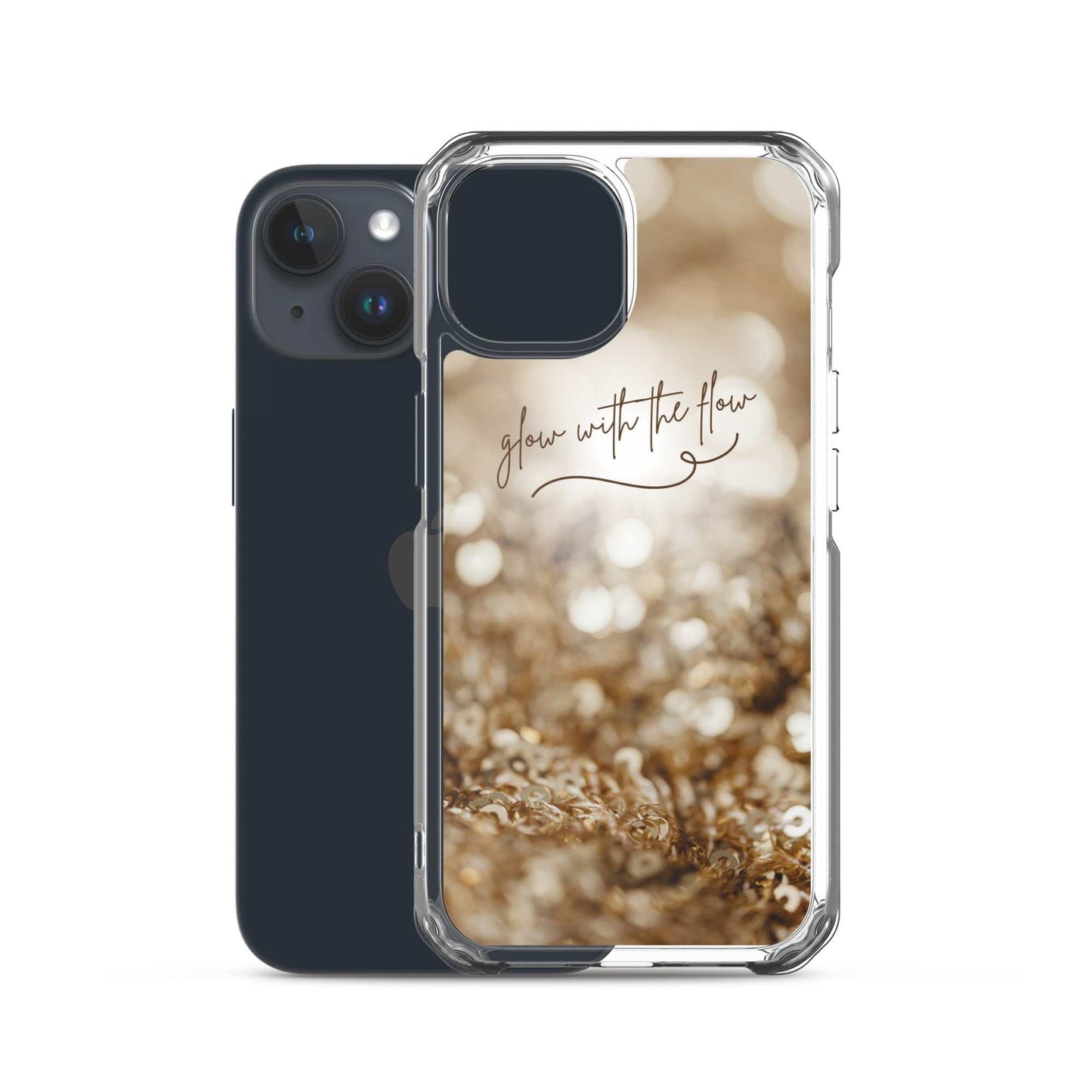 Glow With The Flow iPhone Case with clear flexible sides and gold glitter design, slim protective cover for iPhone.