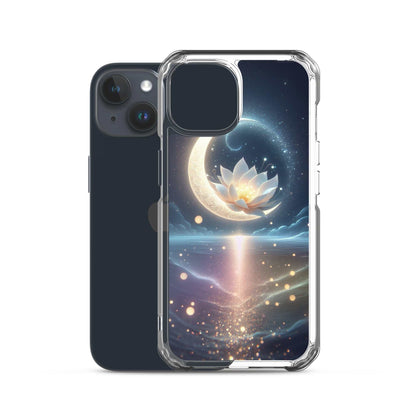 Phone case with a design of a lotus flower and crescent moon on a dark background