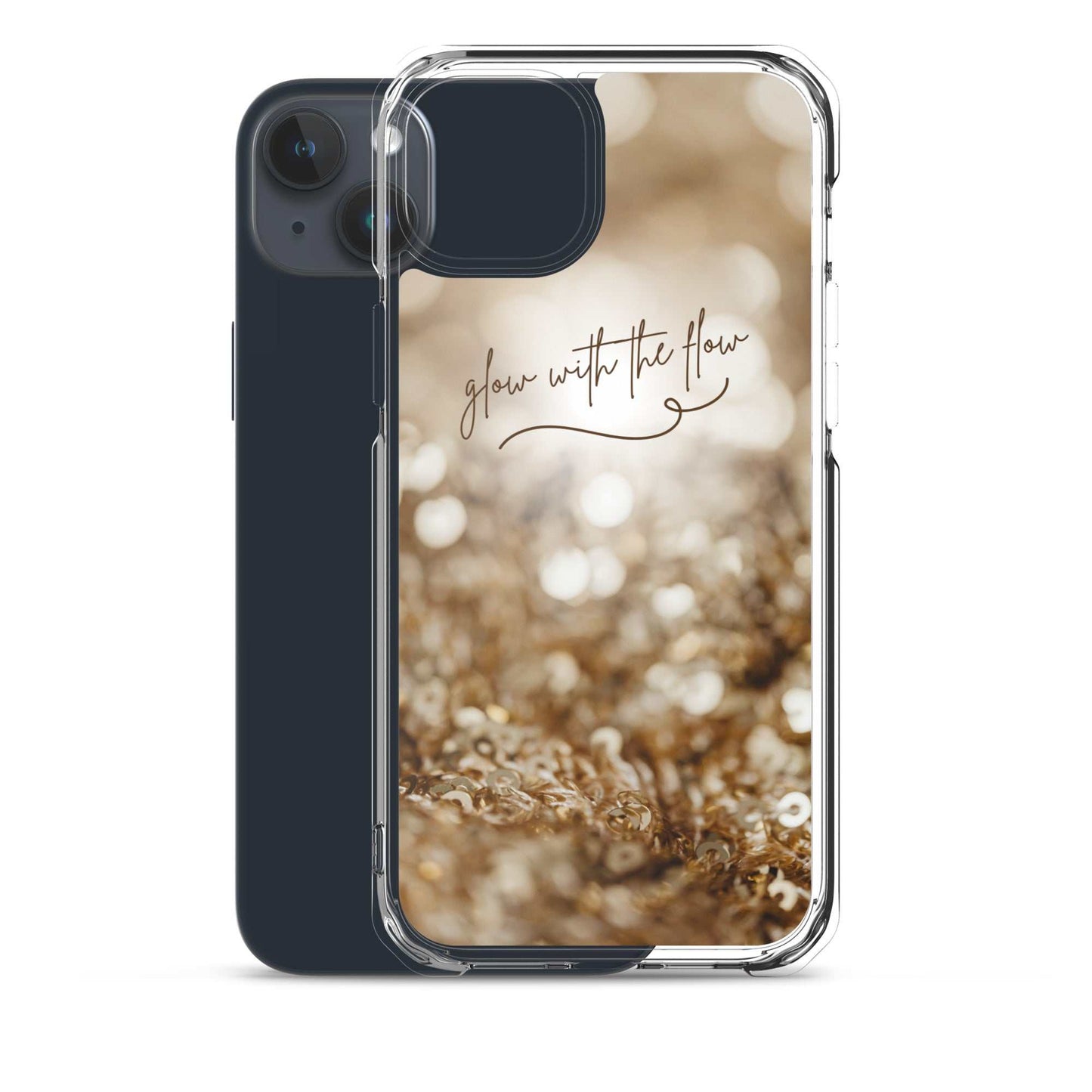 Glow With The Flow iPhone Case with clear flexible sides and glowing gold design, durable and slim protective cover for iPhone