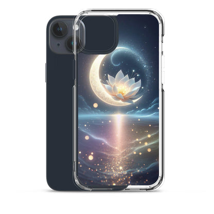 Phone case with a design of a lotus flower and crescent moon against a starry night sky.